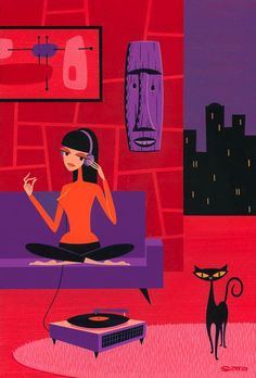 a woman sitting on a purple couch in front of a black cat with headphones