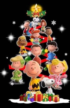 a charlie brown christmas tree with many characters around it and presents under the tree on top