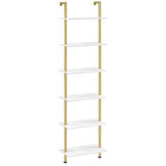 a white and gold shelving unit with four shelves