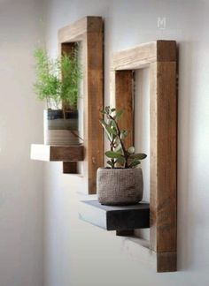 three wooden shelves with plants in them on the wall