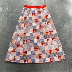 Excellent Condition Handmade Waist Lying Flat 16” Overall Length 39” Aaaa25 A Line Shirt, 70s Patchwork, Vintage Midi Skirt, Skirts Vintage, Patchwork Skirt, Vintage Skirts, Vintage Skirt, Vintage 70s, Red And Blue