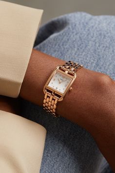 Hermès' 'Cape Cod' watches first debuted in the '90s, but the case's nautical  chain d'ancre  silhouette dates back to the '30s when Robert Dumas was at the helm - inspiration struck while strolling Normandy's coast. Elegantly simple and easy to read, it has a mother-of-pearl dial dotted with diamond indices and an 18-karat rose gold case, which has a warm, pink glow. Stack yours with fitted bracelets to avoid scratching the metal.     Each Hermès 'Cape Cod' watch comes with instructions on how Hermes Cape Cod Watch Women, Hermes Watch Women, Small Gold Watch, David Yurman Watch, Omega Watch Women, Gold Diamond Watch, Gold Diamond Watches, Hermes Watch, The Bling Ring