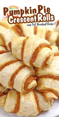 pumpkin pie crescent rolls on a white plate with text overlay that reads, pumpkin pie crescent rolls easy fall breakfast recipe