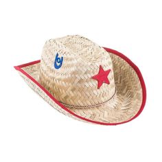 a straw cowboy hat with red and blue stars on the brim, sitting against a white background