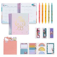 hello kitty stationery set with notepads, pencils and planner pages on white background