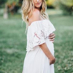 Maternity Solid White Lace Off Shoulder Dress – peekkabo Lace Off Shoulder Dress, Maternity Beach, Maternity Photoshoot Poses, Pregnant Wedding Dress, Stitching Dresses, Maternity Pics, Shower Themes, Boho Dresses, Maternity Style