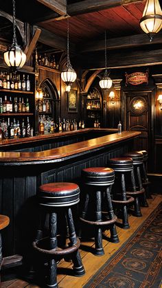 a bar with stools and bottles on the shelves