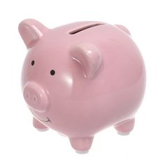 a pink piggy bank sitting on top of a white table