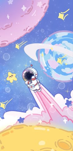 an image of a cartoon space ship flying through the sky with stars and planets in the background