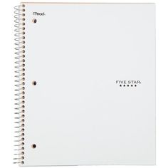 the five star spiral notebook is white and has black writing on it, which reads'five star '