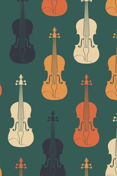 an image of a violin pattern on a green background with oranges, browns and yellows