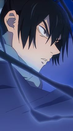 an anime character with black hair and blue eyes