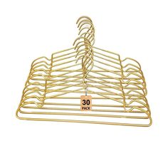 gold metal clothes hanger with 30 pack tags on each rack for $ 3 99