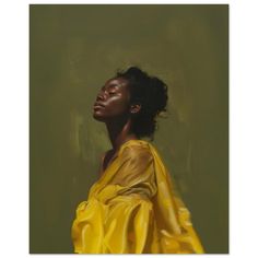 an oil painting of a woman in a yellow dress with her head turned to the side