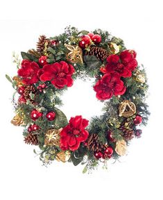 a christmas wreath with red flowers and pine cones