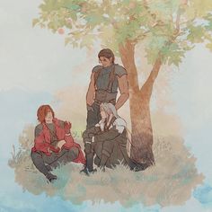 two anime characters sitting under a tree in the grass and one is holding onto another character's arm