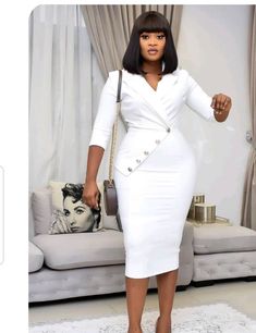 White Chic Dress Classy, White Corporate Dress, Material Styles For Ladies, Corporate Clothes, Material Styles, Bodycon Gown, Official Dresses, Short Shift Dress