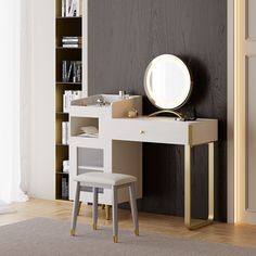 a white desk with a mirror and stool in front of a bookcase filled with books