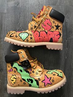 Custom timberland premium boots custom made by hand  1 of 1 custom  designs may vary Yellow High-top Boots For Streetwear, Hand Painted Boots, Custom Timberland Boots, Timberland Custom, Painted Boots, Boots Leopard, Timberland Boots Outfit, Custom Painted Shoes, Leopard Print Boots