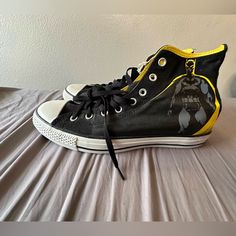 Converse X Dc Batman High Tops Nwt 10.5us Yellow Urban High-top Sneakers For Sports, Urban Style Yellow High-top Sneakers For Sports, Yellow Urban Mid-top Sneakers, Urban Yellow Mid-top Sneakers, Yellow High-top Running Sneakers With Round Toe, Yellow High-top Sneakers With Round Toe For Running, Yellow High-top Running Sneakers, Yellow Converse Mid-top Sneakers, Yellow Converse Sneakers With Rubber Sole