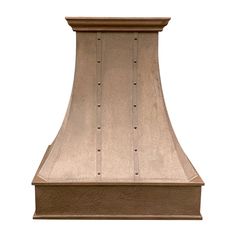 an old - fashioned copper range hood is shown against a white background