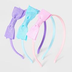 Elevate your little one's style with the Girls' 3 Pack Headbands Woven Glitter Bow from Cat & Jack™. This pack of three headbands in pink, blue, and purple adds sparkle to any hairstyle with their minimal, adorable designs. Perfect for securing hair, these headbands are a versatile accessory for both everyday wear and special occasions. Cat & Jack™: Kids’ clothing with an imagination of its own Children's Hairstyle, Shein Order, Toddler Girl Accessories, Blue And Pink Hair, Barbie Party Decorations, Kids Hairstyle, Pink Hair Accessories, Kids Hair Clips, Kids Accessories Fashion