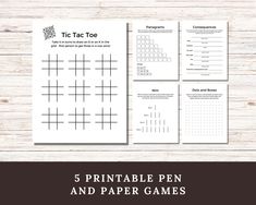 five printable games for kids to play on the table with text overlay that reads,