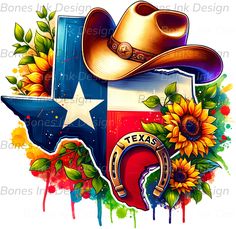 the texas flag with sunflowers and cowboy hat on it's back, surrounded by watercolor splashes