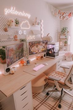 a white desk topped with two computer monitors