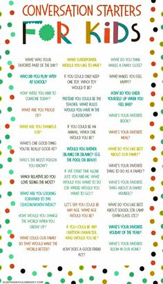 a poster with the words conversation starter for kids on it and polka dots around it