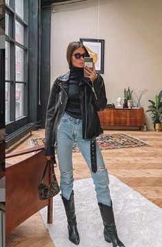 Looks Jeans, Look Retro, Leather Jacket Outfits, Looks Street Style, Mode Inspo, 가을 패션