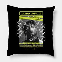 a black pillow with a poster of a man wearing dreadlocks on the front