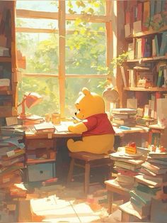 a winnie the pooh sitting at a desk in front of a window