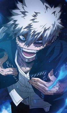 an anime character with white hair and blue eyes, holding his hands out in front of him