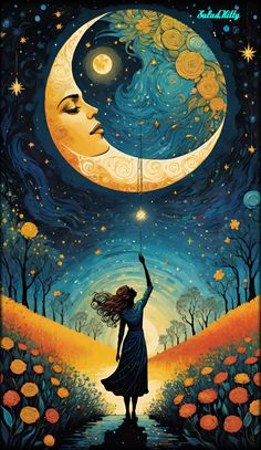 a painting of a woman reaching up to the moon