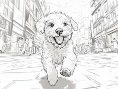 a black and white drawing of a dog running down the street with people in the background