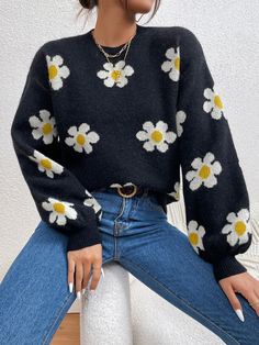 Floral Pattern Flower Sweater #NewArrivals #fresh #fashion #popular #BohoChic #pomonaandpeach #boho Lantern Sleeve Sweater, Flower Sweater, Sweater Tops, Drop Shoulder Sweaters, Round Neck Sweaters, Knitting Women Sweater, Casual Sweaters, Inspiration Mode, Sweaters Oversized