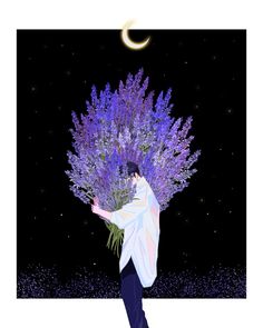 a man holding a bunch of purple flowers in his hand and the moon behind him