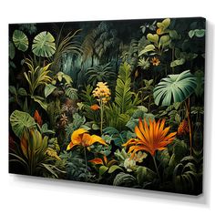 a painting of tropical plants and flowers on a black background with white trimmings