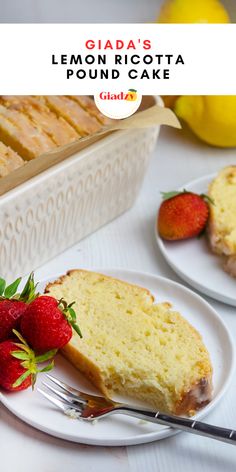 two slices of pound cake on plates with strawberries and lemons in the background