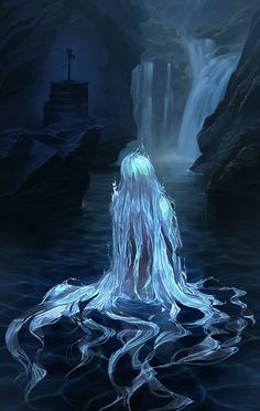 an image of a woman in the water with ice on her head and flowing hair