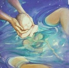 a painting of two people holding hands in the water, with stars above and below