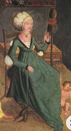 an old painting of a woman sitting on a chair with a baby in the background