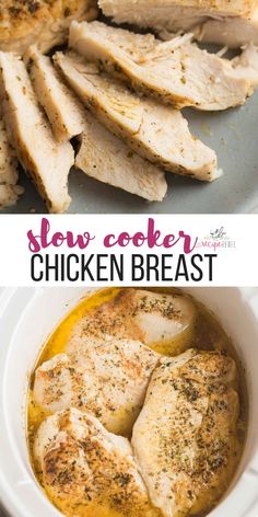 slow cooker chicken breast in a white bowl