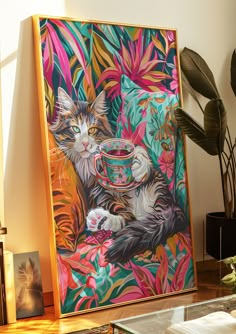 a painting of two cats sitting next to each other on top of a wooden table