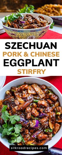 an eggplant stir fry in a white bowl on top of a red table cloth