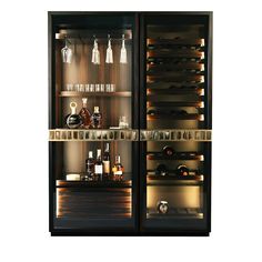 an open wine cabinet with bottles and glasses