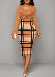 ROTITA Patchwork Plaid Light Coffee V Neck Bodycon Dress | Rotita.com - USD $32.98 New Fashion Dresses 2023, Mini Dress Outfits Casual, Classy Dress Outfits For Wedding, Office Dresses Style, African Designers, Plus Size Plaid, Chic Dress Classy, Office Dresses For Women