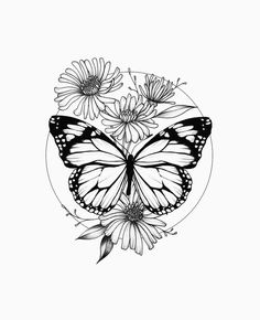 a black and white drawing of a butterfly with flowers in it's back end