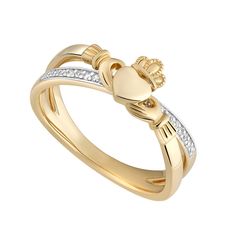 14K Gold Diamond Claddagh Crossover Ring - S21065 - CladdaghRING.com Claddagh Symbol, Birthstone Band, Gold Claddagh Ring, Hinged Ring, Crossover Ring, Claddagh Ring, Malachite Pendant, Claddagh Rings, Beautiful Wedding Rings